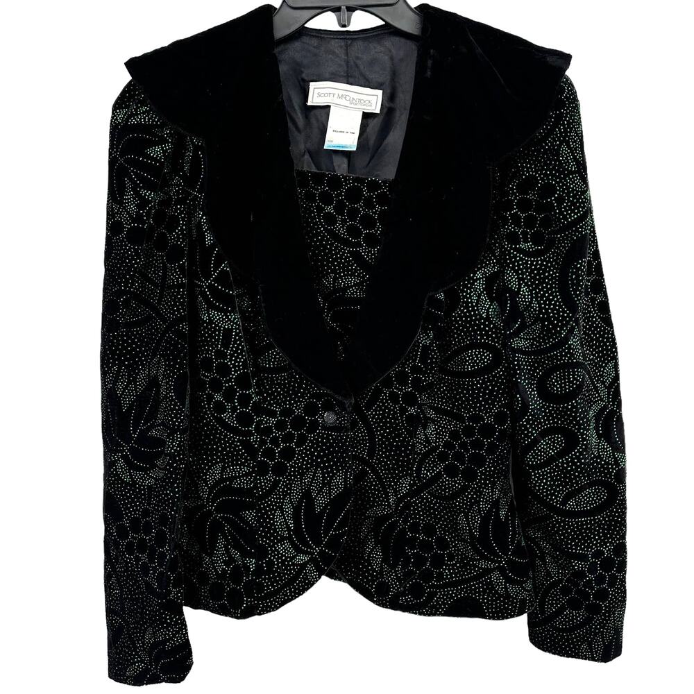 Scott McClintock Vintage Green Sparkle Velvet Collar Shirt Womens Size 10 Black